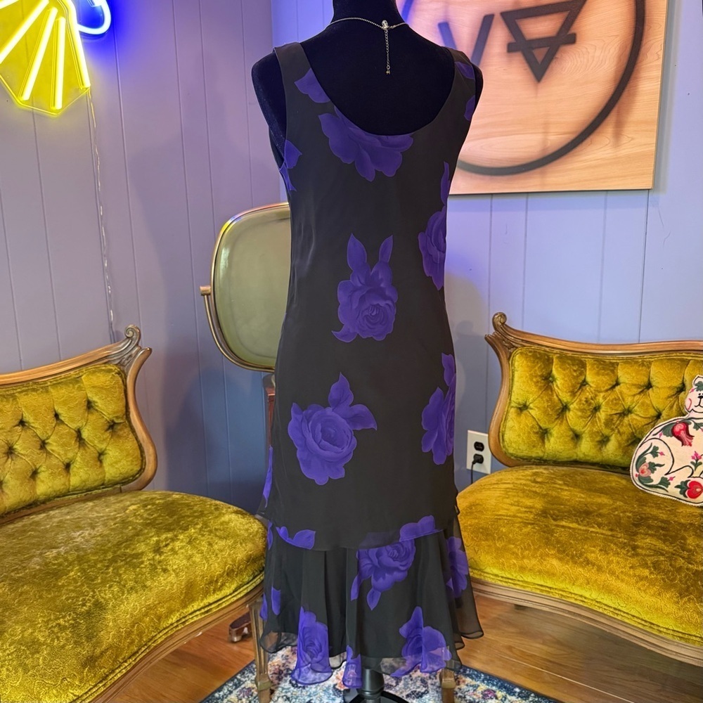Vintage 90s MSK Black & Purple Tiered Floral Dress Size 6 - Picture 6 of 8